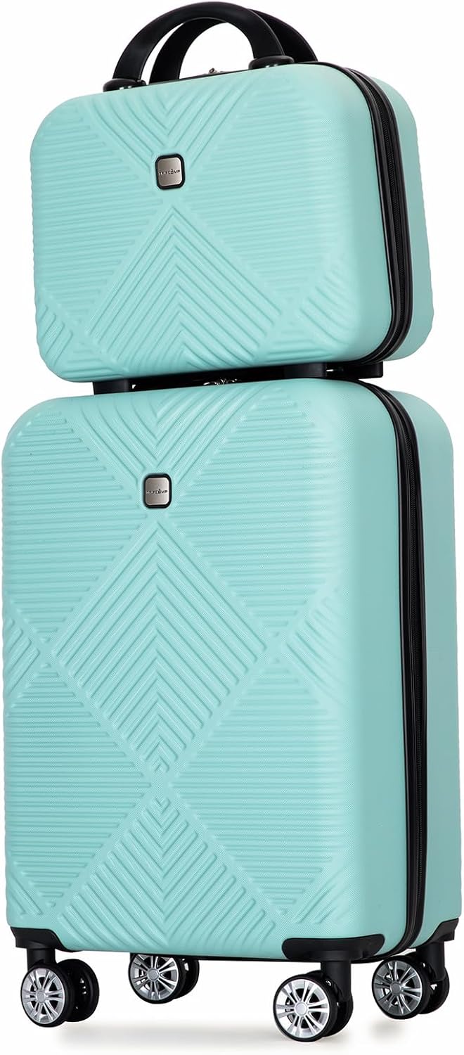 2 Piece Carry on Luggage Set, Airline Approved 20 Inch Luggage with Cosmetic Case Hard Shell Suitcase with Spinner Wheels, Aqua Blue