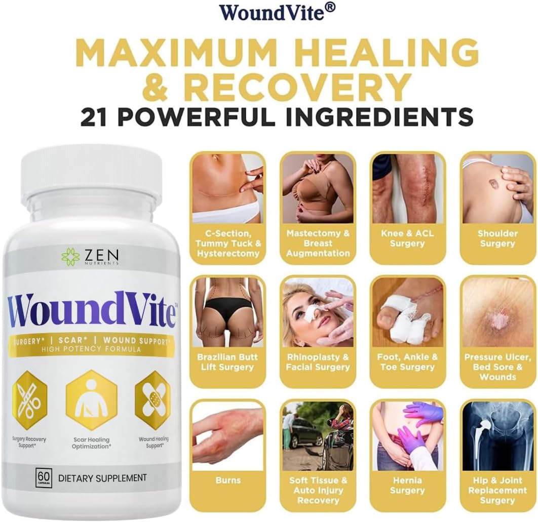 Zen Nutrients WoundVite Pre & Post Surgery Support, Scar & Wound Care, Scar Treatment, Plastic & General Surgery, Heal Faster & Aids in Recovery Time w/Bromelain, Turmeric & Arnica - 60 Vegan Caps