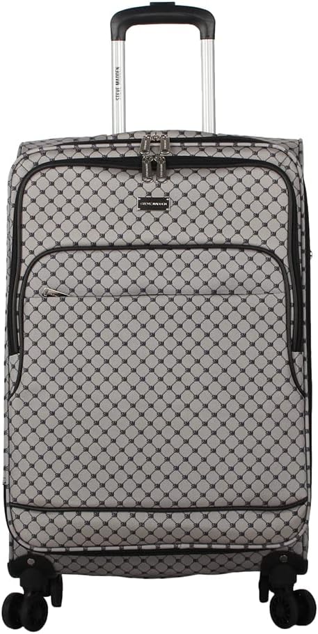 Steve Madden Designer Luggage Collection - Lightweight 24 Inch Expandable Softside Suitcase - Mid-size Rolling 4-Spinner Wheels Checked Bag (Noble Black/Grey, 24in)