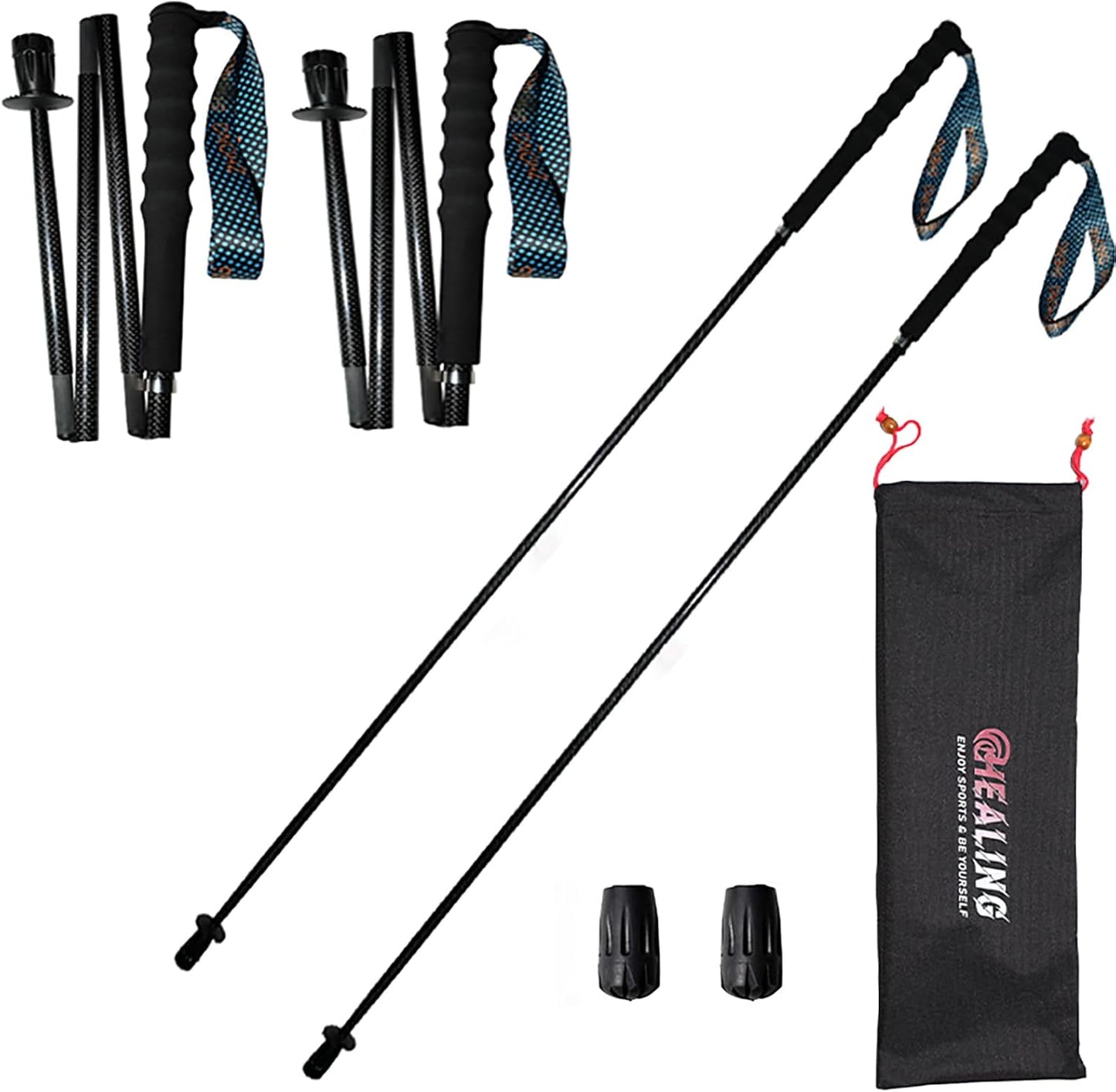 Carbon Fiber Trekking Poles 2-Pack - Ultra Lightweight 10oz, Collapsible 3-Piece Folding Design with Anti-Shock, Moisture-Wicking Cork Grips for Hiking, Mountaineering