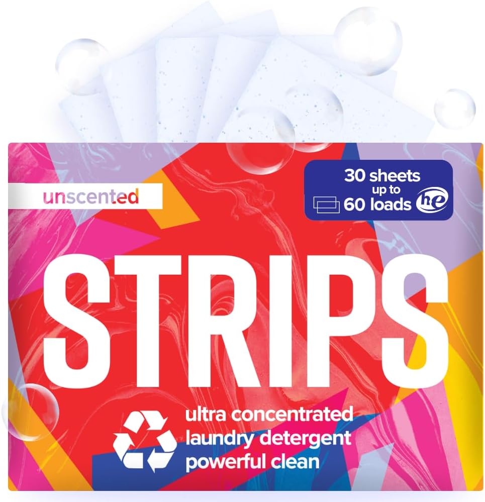 STRIPS Laundry Detergent Sheets Unscented (30ct, 60 loads) Fragrance Free Eco Liquidless Soap, Travel-Friendly, Dissolves in Hot & Cold, Hypoallergenic, Tackles Tough Stains & Odors