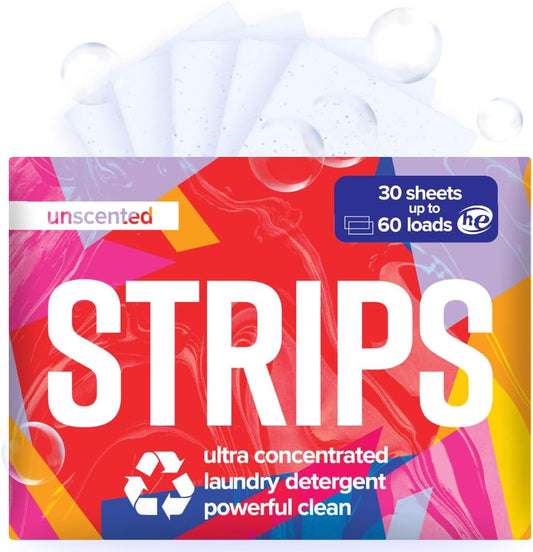 STRIPS Laundry Detergent Sheets Unscented (30ct, 60 loads) Fragrance Free Eco Liquidless Soap, Travel-Friendly, Dissolves in Hot & Cold, Hypoallergenic, Tackles Tough Stains & Odors