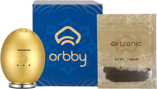Orbby Scent Diffuser Starter Kit | Portable Small Desk Diffuser for Office: Electric Incense Burner, Cordless Pet Safe Air Freshener for Home, Odor Eliminator – Flameless (Gold, No Pellets)