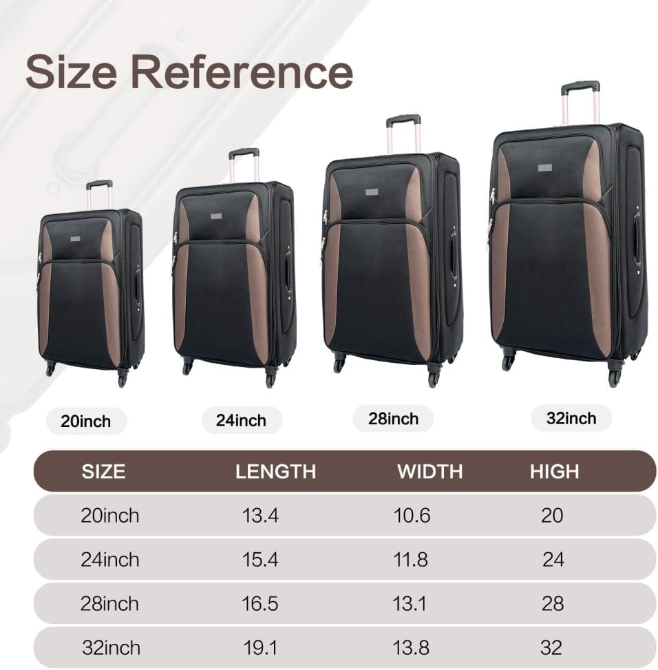 Lispin Luggage Set Softshell Expandable 4 Piece Suitcase with Wheels Softside Lightweight Travel Carry on Luggage (Black + Polyester)