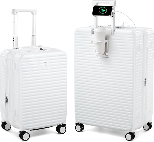 Hard Shell Suitcases Expandable Travel Luggage Sets 2 Piece, Carry on and Check in Luggage Lightweight Suitcase Set 2 Piece with Wheels Cup Holder Charger Built in (White, 20/28)