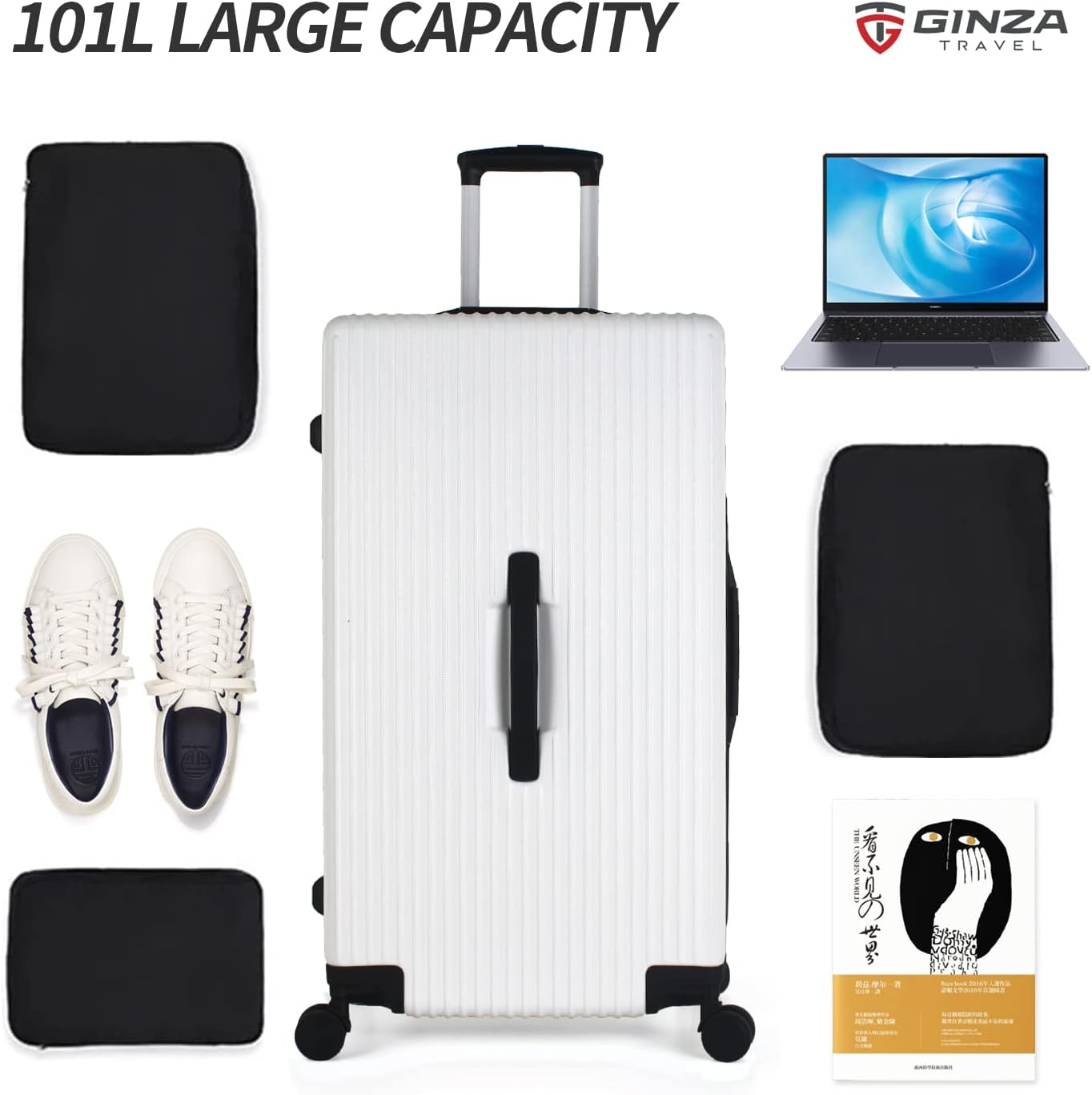 PRIMICIA GinzaTravel Trunk Luggage, 28 Inch Luggage with Spinner Wheels, Scratch resistant texture Lightweight PC material with TSA Lock（Family Travel Series ） (White)