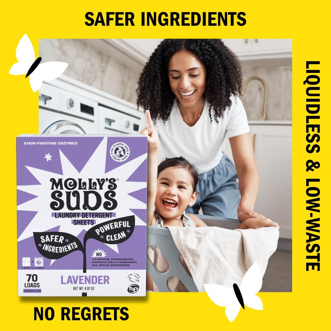 Molly’s Suds Laundry Detergent Sheets | Gentle on Sensitive Skin, Powerful Bio-Based Enzymes, Stain-Fighting | Liquidless & Plastic-Free Packaging | 70 Loads (Lavender)