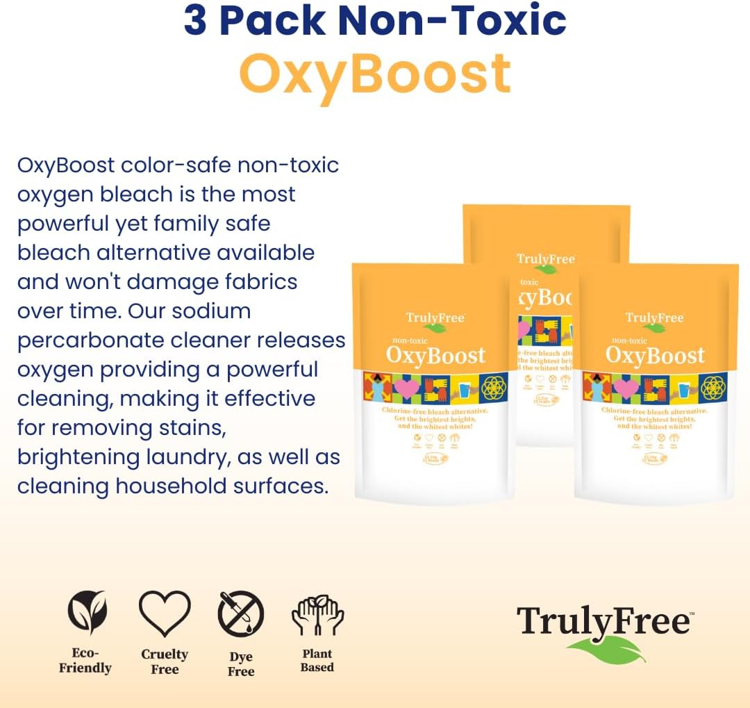Truly Free OxyBoost - Oxygen Whitener & Clothes Stain Remover Laundry Detergent Powder with Sodium Percarbonate - Brightens Whites & Safe for Colors - Non-Chlorine, Gentle Yet Powerful - Pack of 3