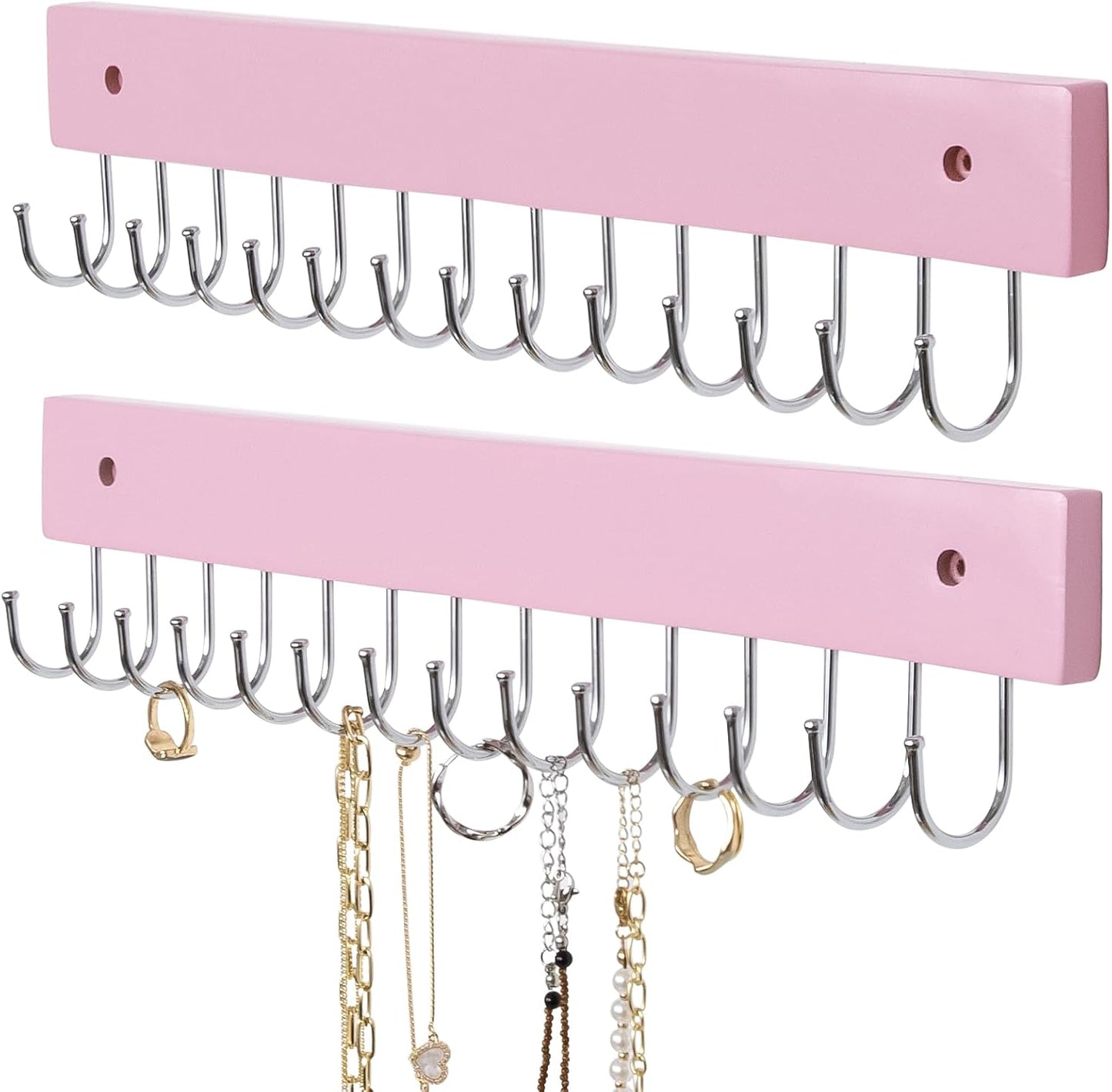 Wall Mounted Necklace Holder, Morden Style Necklace Holder, Tangle Free Wall Jewelry Organizer with 28 Hooks(2 Packs,Pink)