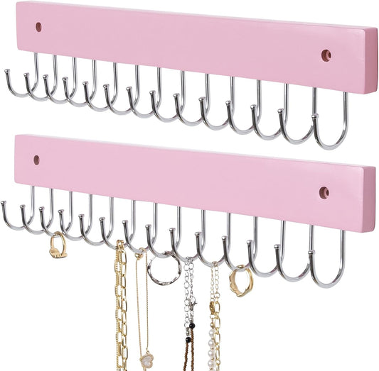 Wall Mounted Necklace Holder, Morden Style Necklace Holder, Tangle Free Wall Jewelry Organizer with 28 Hooks(2 Packs,Pink)