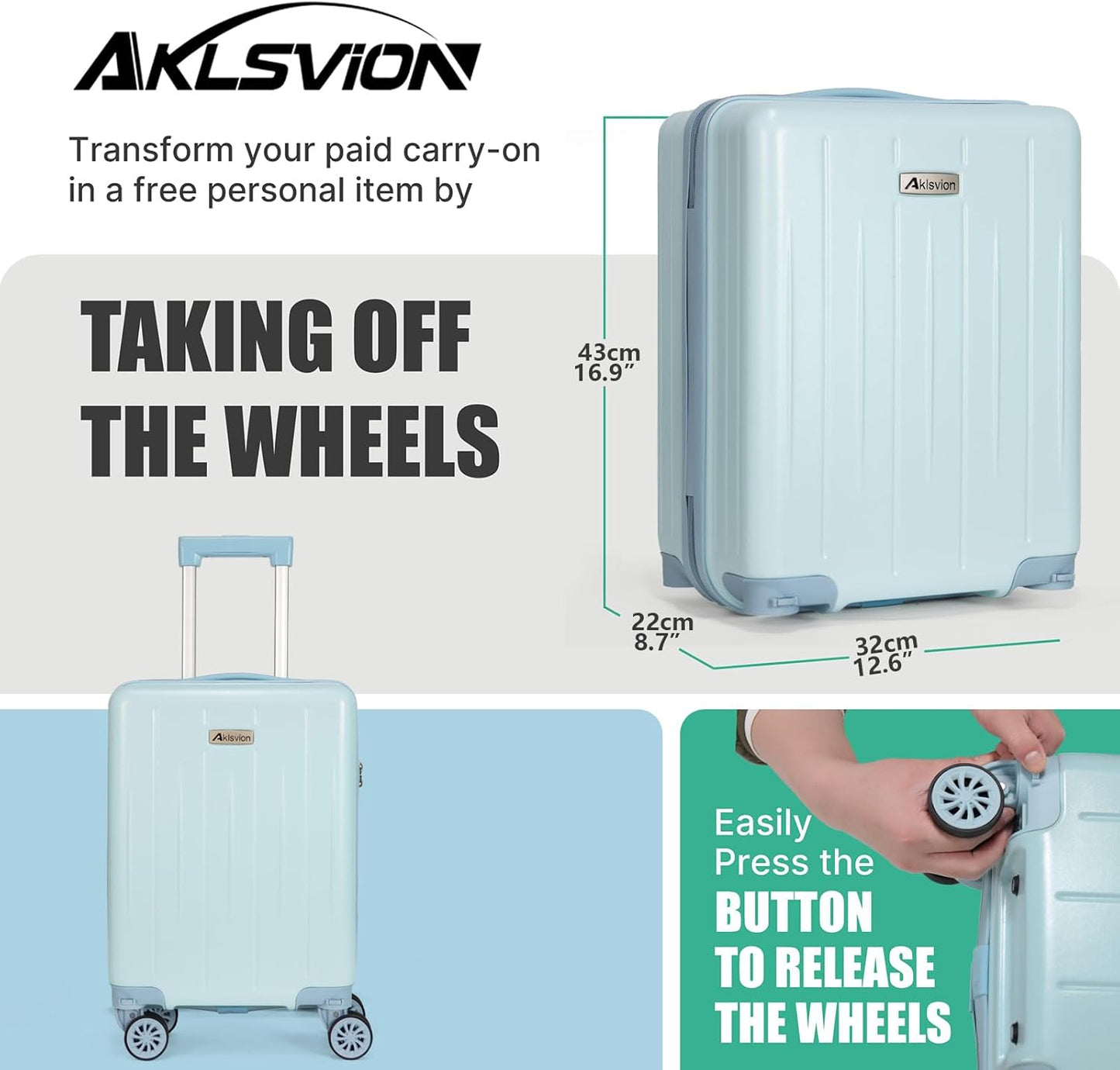 18-inch Carry-on Boarding Luggage: Equipped with Movable Wheels, TSA Approved,Under the Seat, Hard Shell Construction, Lightweight Bag with Essential Accessories (Baby Blue)