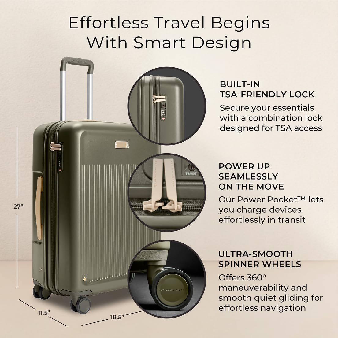 Briggs & Riley 27" Medium Expandable Spinner - Checked Luggage for Travel, Suitcases with Wheels, Hardside Rolling Bag for Men & Women, Self-Repairing Zipper - Sympatico Collection, Olive