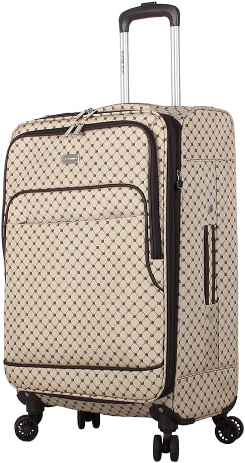 Steve Madden Designer Luggage Collection - Lightweight 24 Inch Expandable Softside Suitcase - Mid-size Rolling 4-Spinner Wheels Checked Bag (Noble Brown/Tan, 24in)