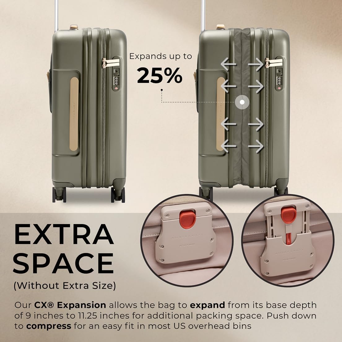 Briggs & Riley 21" Global Carry On Expandable Spinner - Luggage for Travel, Suitcases with Wheels, Hardside Rolling Bag for Men & Women, Self-Repairing Zipper - Sympatico Collection, Olive