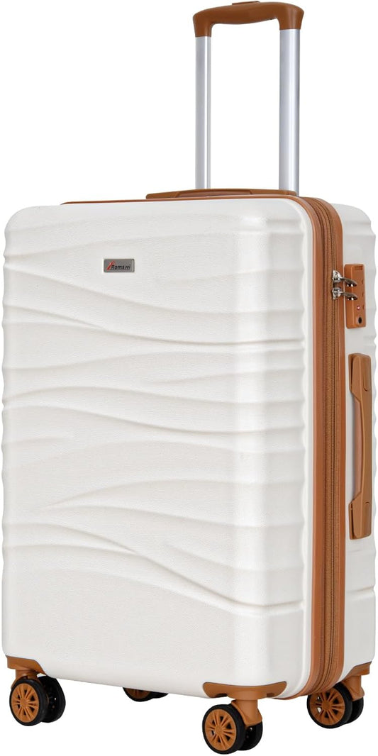 Romswi Expandable 24" Checked Luggage,Medium Hardshell Suitcase with Double Spinner Wheels for 20% More Space, Airline Approved Lightweight Hardside Luggage, Scratch-Resistant & YKK Zipper,White