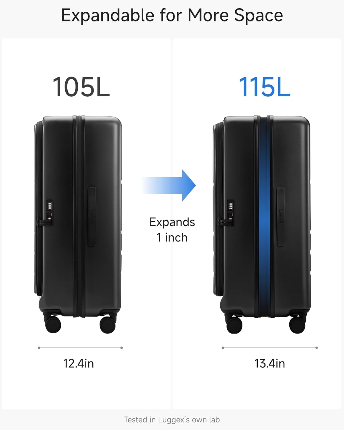 LUGGEX Checked Suitcase with Spinner Wheels, FLO5 Expandable Polycarbonate Hard Shell Suitcase with TSA Approved Lock (FX-Core, Black, 28 Inch)