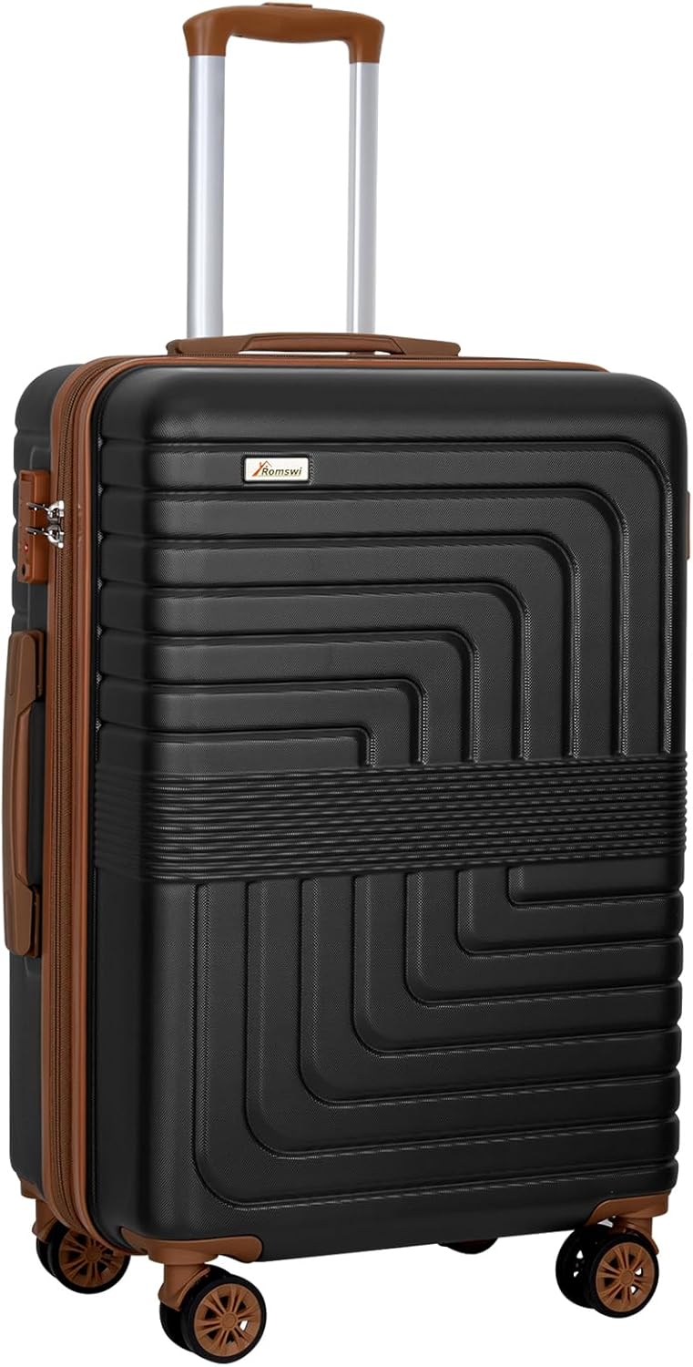 Romswi 26" Expandable Medium Checked Luggage, Hardshell Suitcase with Double Spinner Wheels for 20% More Space, Airline Approved Lightweight Hardside with Scratch-Resistant & YKK Zipper, Black