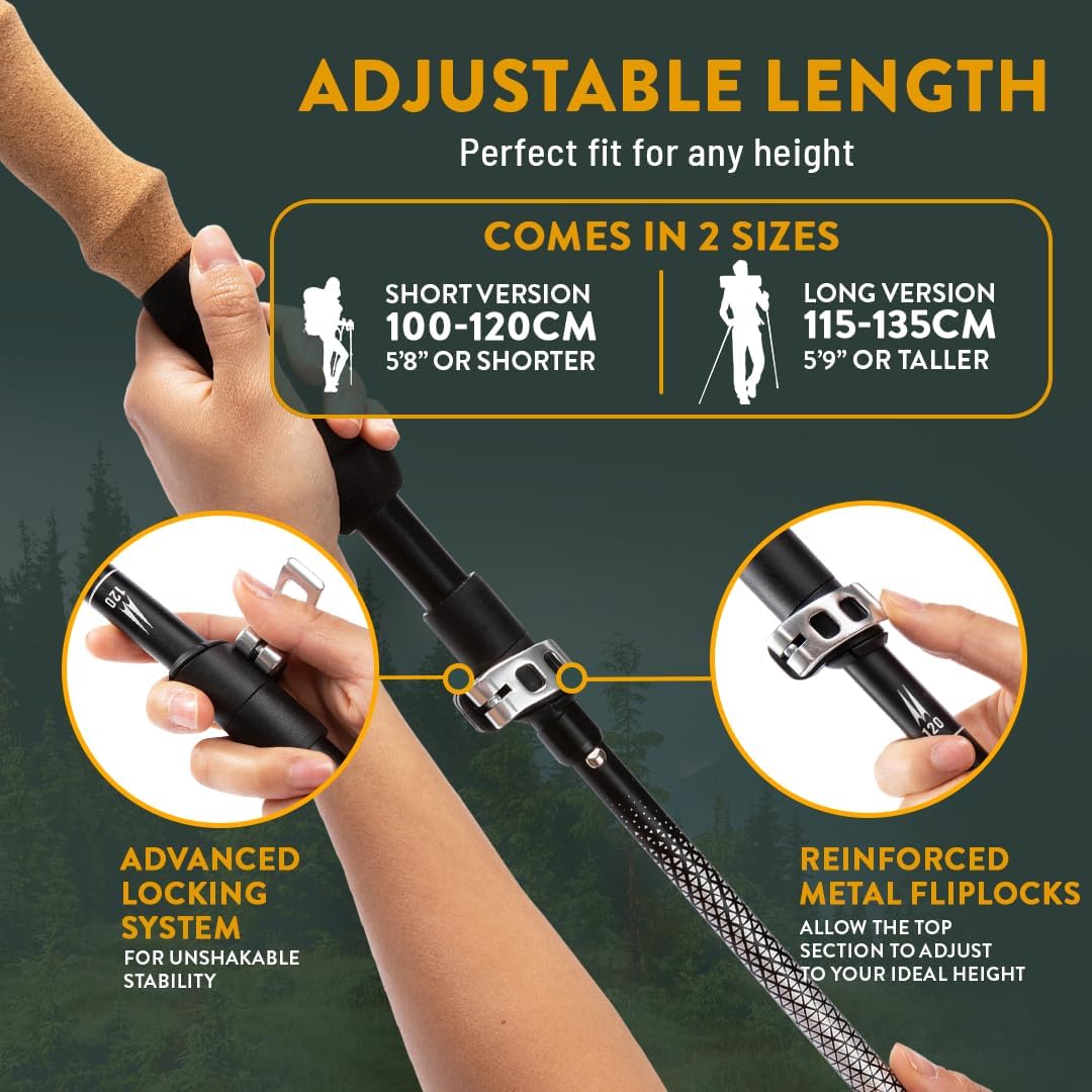 Premium Foldable Hiking Poles by USA Brand - Adjustable, Lightweight Trekking Poles Made of Aircraft Aluminum, Metal Flip Locks & Comfortable Real Cork and EVA Foam Grips