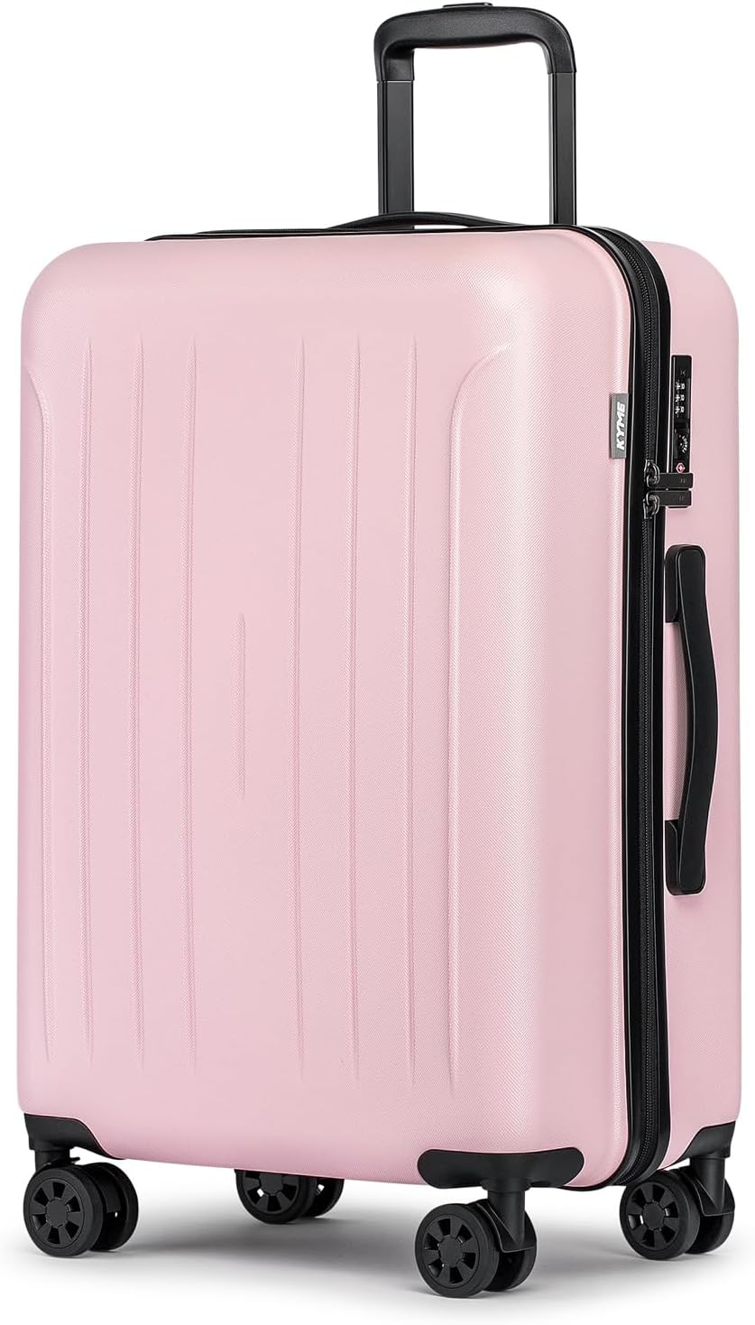 KYME 24-Inch Medium Luggage with Dual 360° Spinner Wheels Hardshell Checked TSA Approved Suitcase for Lightweight Travel (Pink, 24" Checked)
