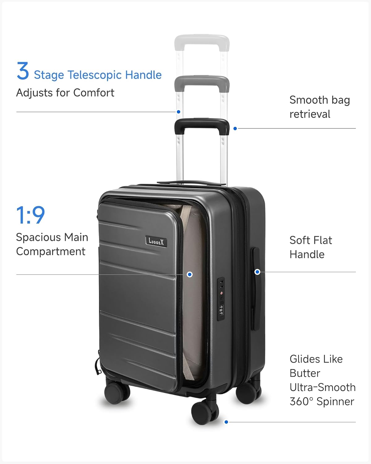 Carry On Luggage Top Opening, FLT Expandable Polycarbonate Hard Shell Suitcase with Wheels (FX-Lite, Charcoal Metallic, 20 Inch, 36L-41L)