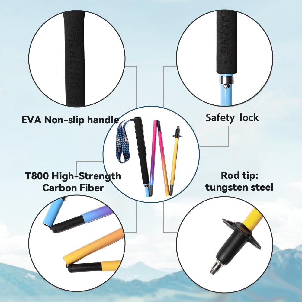 Carbon Fiber Trekking Poles 2-Pack - Ultra Lightweight 10oz, Collapsible 3-Piece Folding Design with Anti-Shock, Moisture-Wicking Cork Grips for Hiking, Mountaineering