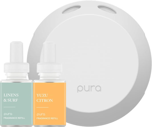 Pura - Smart Home Fragrance Device Starter Set - Pura 4 - Scent Diffuser for Home - Includes Fragrance Aroma Diffuser - Square Box, Linens & Surf and Yuzu Citron Scent Refills