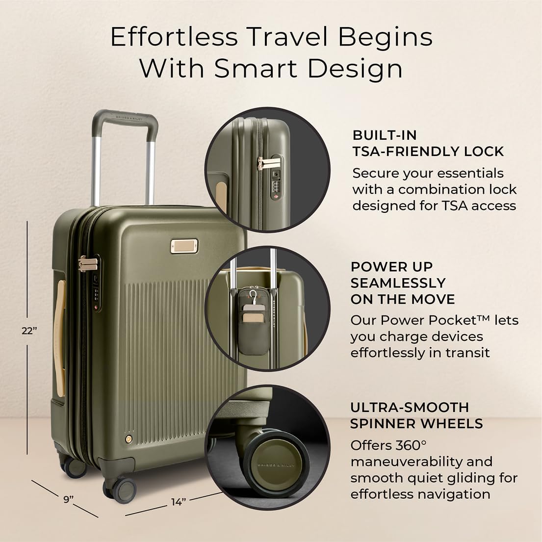 Briggs & Riley Essential 22" Carry On Expandable Spinner - Luggage for Travel, Suitcases with Wheels, Hardside Rolling Bag for Men & Women, Self-Repairing Zipper - Sympatico Collection, Olive