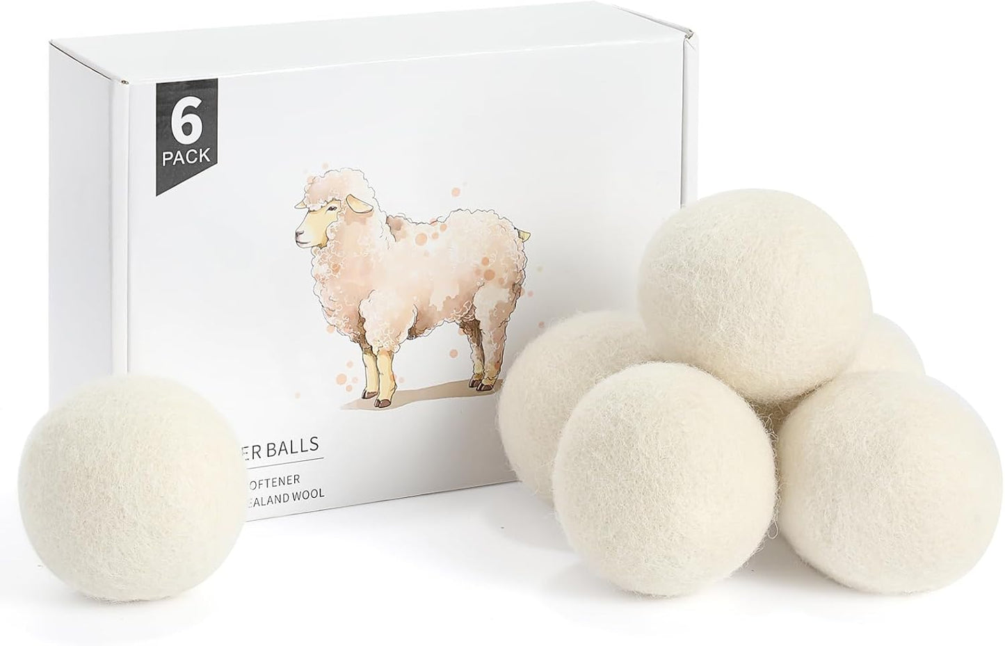 Wool Dryer Balls 6 Pack, Natural Fabric Softener, Dryer Balls Laundry Reusable, Reduces Clothing Wrinkles and Saves Drying Time (White)