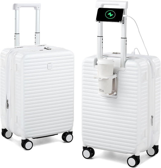 Hard Shell Suitcases Airline Approved 20 Inch Carry on Luggage, Expandable Travel Luggage Carry on Luggage with Cup Holder Charger Built in, Lightweight Small Suitcases with Wheels, White