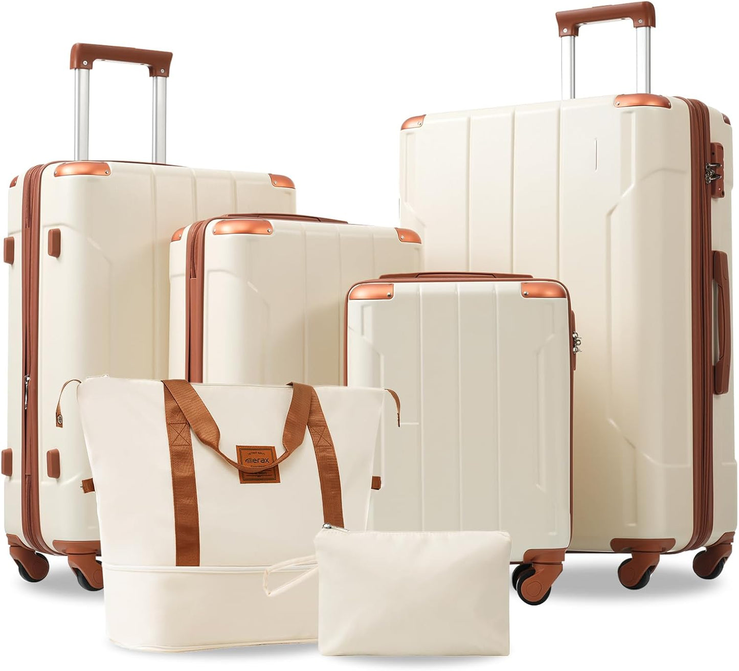 Merax Luggage Set 6 Piece Expandable Lightweight ABS Hardshell Suitcases with Wheels, Corner Guards (White Brown, 6 piece set)