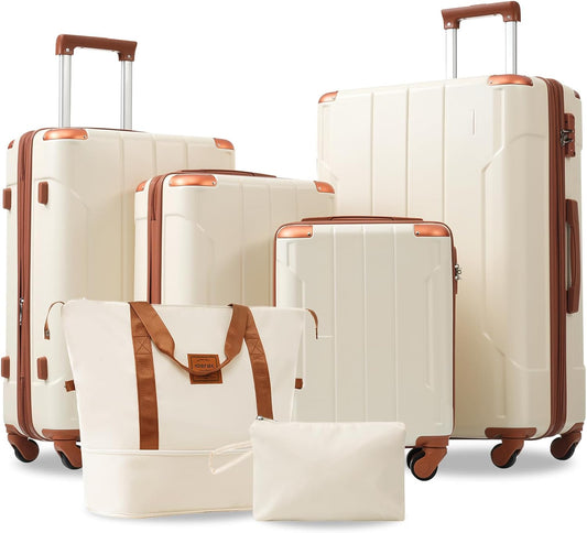 Merax Luggage Set 6 Piece Expandable Lightweight ABS Hardshell Suitcases with Wheels, Corner Guards (White Brown, 6 piece set)