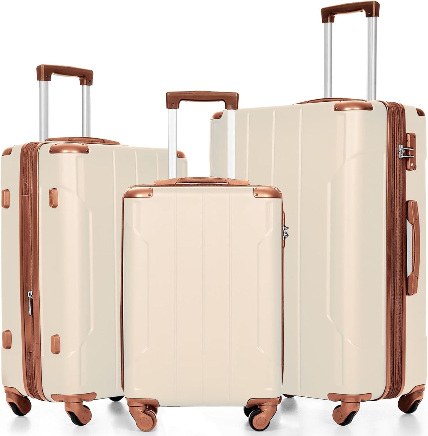Merax Suitcases With Wheels Hardside Luggage Sets 3 Piece, Expandable And Lightweight, Travel Suitcases For Woman And Man (White Brown)