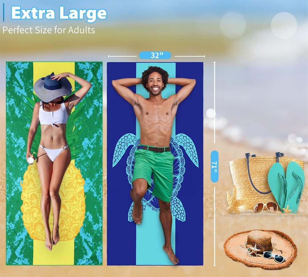 2 Pack Microfiber Lightweight Beach Towel 71"x32" Oversized Extra Large Thin Sand Free Towels Travel Swim Pool Yoga Gym Camping for Adults Women Men Beach Essentials Accessories Vacation Gift