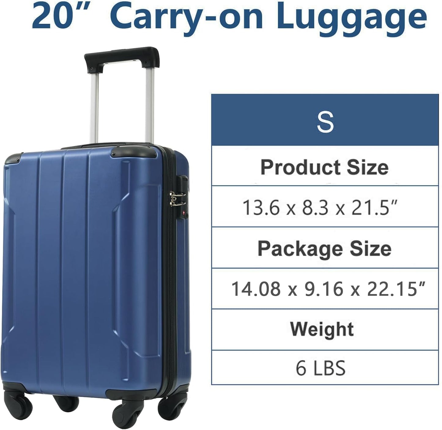 20in Carry On Luggage Hardshell Suitcase with Spinner Wheels Lightweight Lugagge Design Waterproof Durable for Travel (Blue)