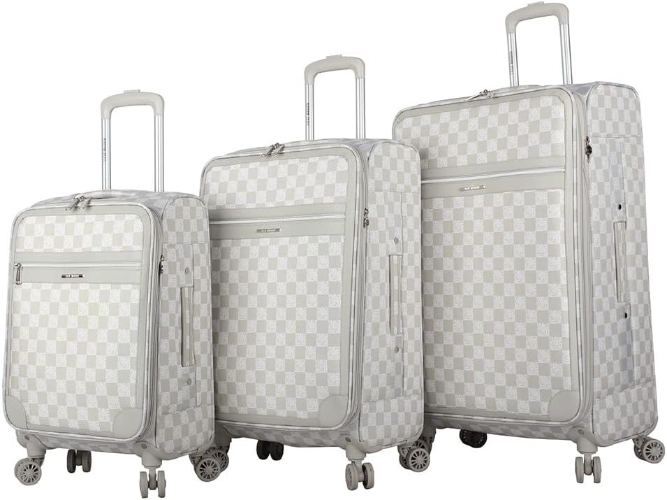Steve Madden Designer Luggage Collection - 3 Piece Softside Expandable Lightweight Spinner Suitcase Set - Travel Set includes 20 Inch Carry on, 24 Inch & 28-Inch Checked Suitcases (Chalet Light Grey)