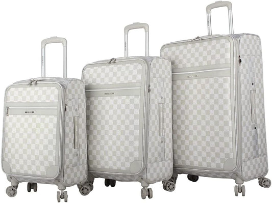 Steve Madden Designer Luggage Collection - 3 Piece Softside Expandable Lightweight Spinner Suitcase Set - Travel Set includes 20 Inch Carry on, 24 Inch & 28-Inch Checked Suitcases (Chalet Light Grey)