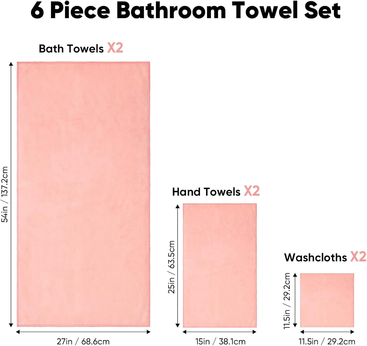 Orighty 6-Piece Towel Set - Soft & Lightweight - 2 Bath Towels, 2 Hand Towels, and 2 Wash Cloths - Absorbent & Quick Drying Microfiber Towel for Multipurpose, Bathroom, Gym, Sport, Yoga, Travel - Pink