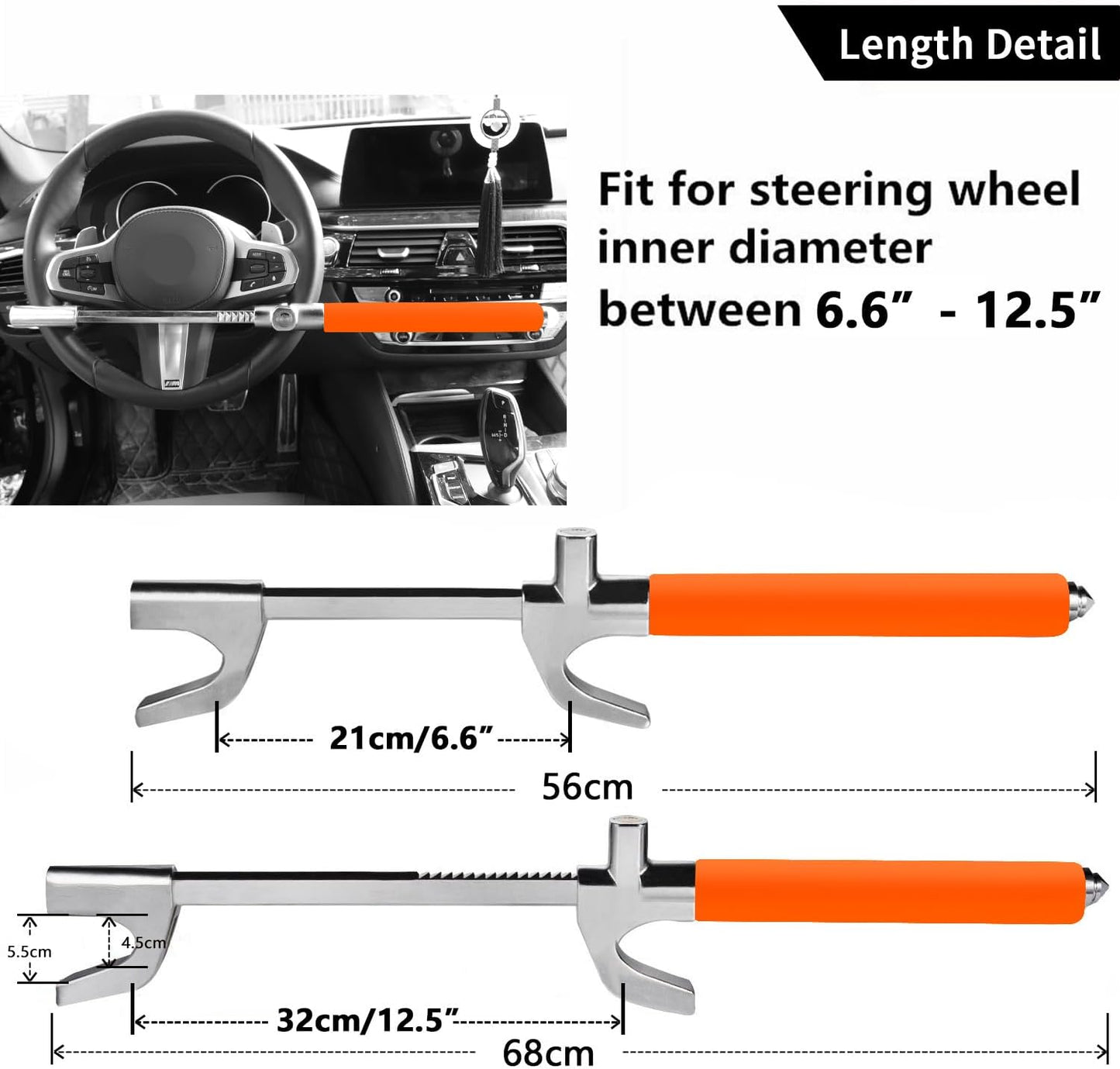 Tevlaphee Steering Wheel Lock, Steering Lock, Car Anti-Theft Device, Adjustable, Universal Fit, Heavy Duty Secure, 3 Keys, Emergency Hammer Window Breaker(Orange)