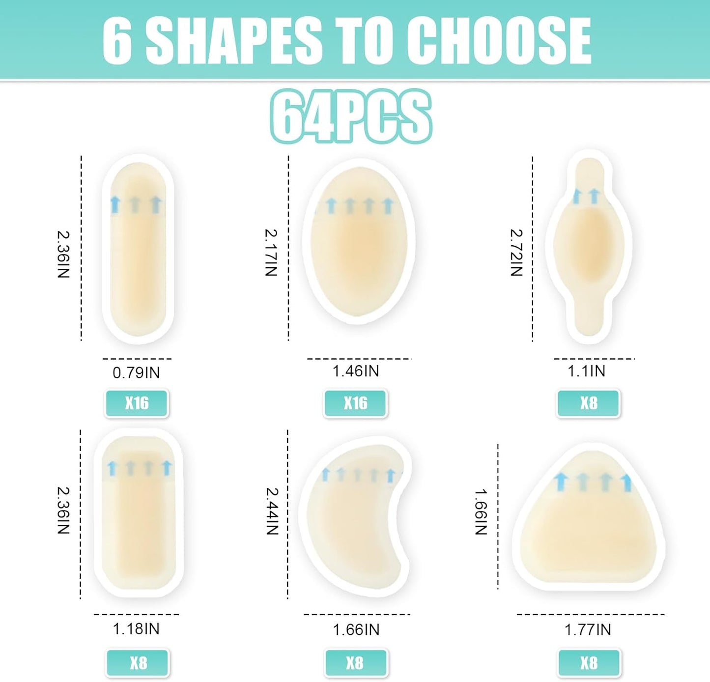 Blister Bandages for Feet 64pcs Gel Blister Pads, Water Resistant Hydrocolloid Bandages for Foot, Toe, Heel, Adhesive Blister Cushions for Prevention & Recovery