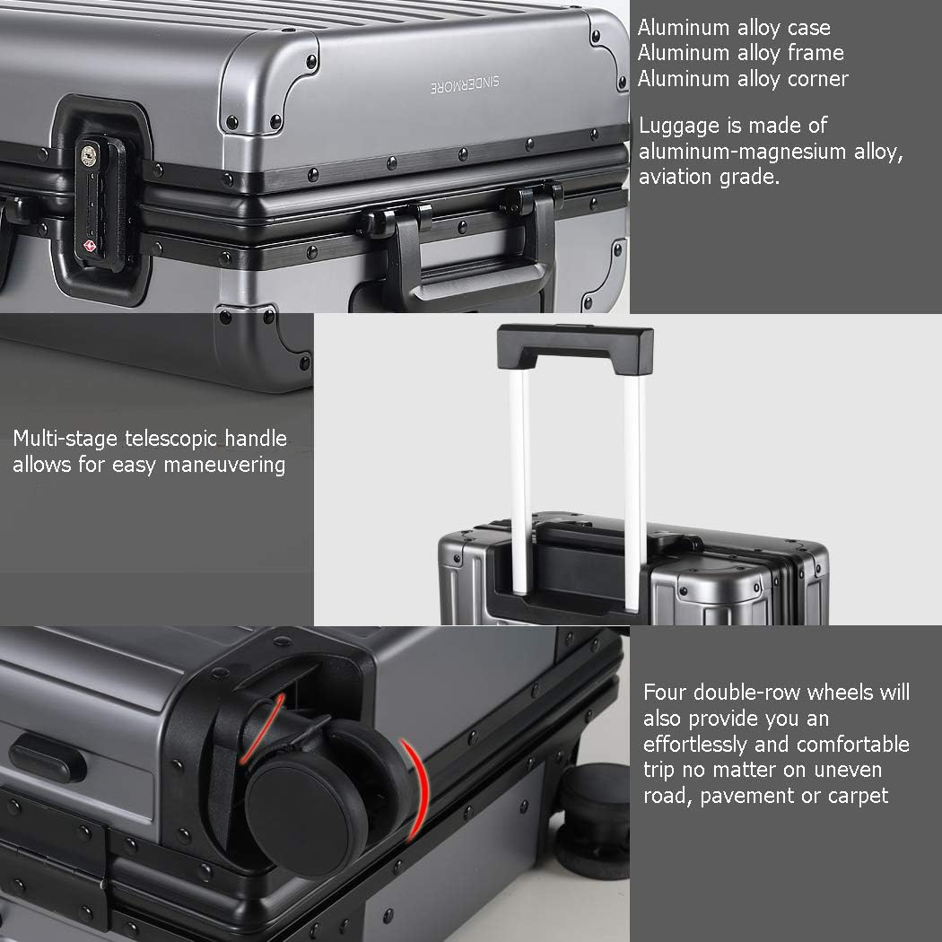 Carry-On Hardside Suitcase: Full Aluminum HardShell Luggage with TSA Lock & Spinner Wheels for Business Travel - Crush-Resistant & Burst-Proof - Gunmetal Gray