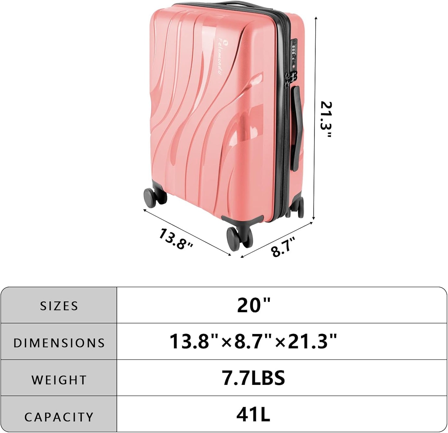 20-inch Carry-On Luggage with TSA Lock & 360° Spinner Wheels, 7.7 lbs, Scratch and Water Resistant - Ideal for Business Travel Suitcase(Pink)