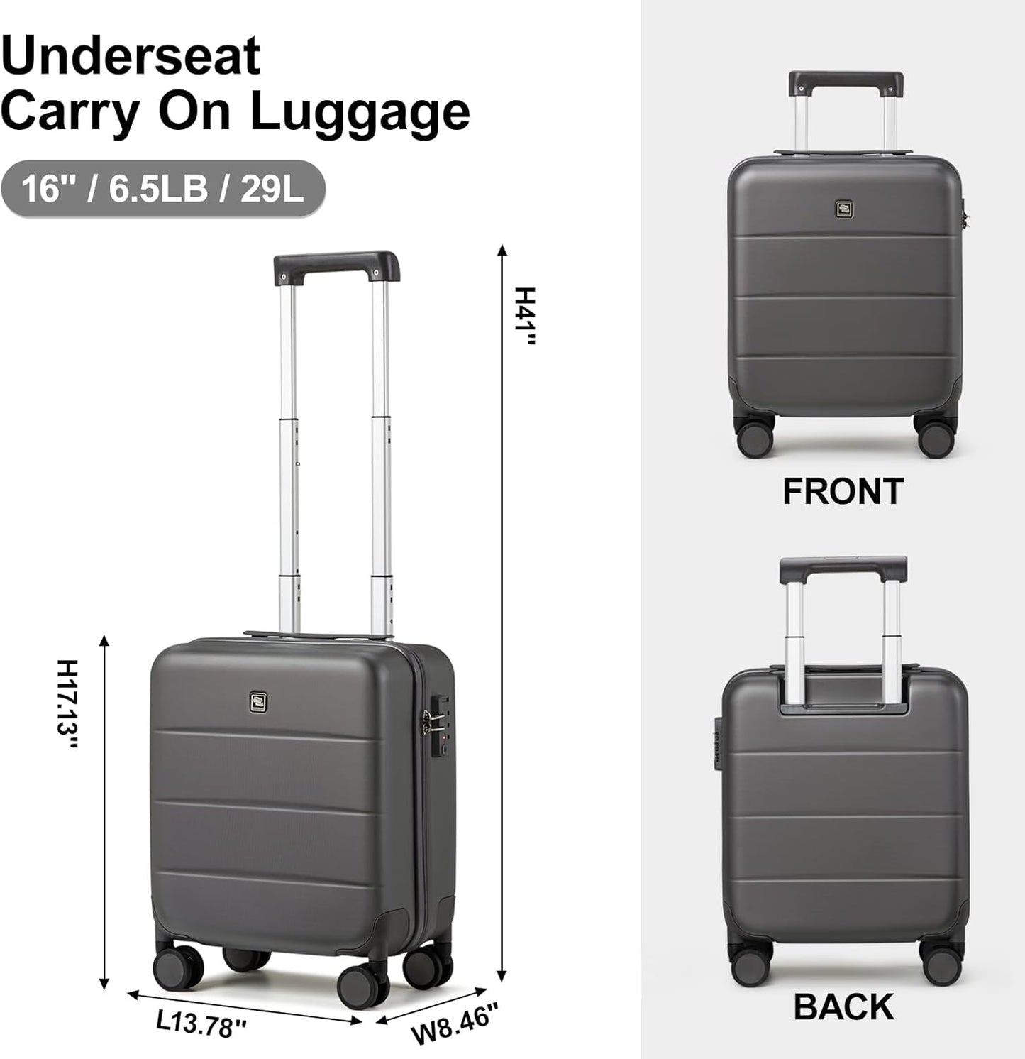 Hanke 16 Inch Underseat Carry On Luggage Hard Shell Suitcases with Wheels Mini Small Carry On Bag for Airline Approved TSA Luggage Lightweight Travel Suitcase(Graphite Grey)