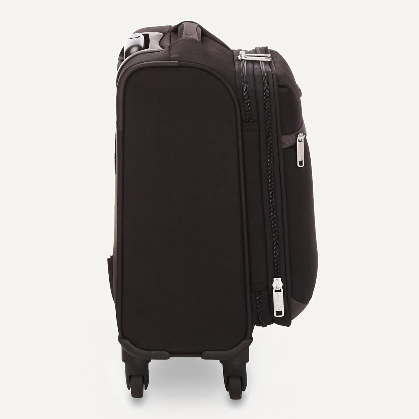Amazon Basics Luggage, 15" Small Carry-On Softside Suitcase With Wheels, With Four 360-Degree Multi-directional Spinner Wheels, Expandable Space, Zippered Pocket and Straps, Telescopic Handle, Black