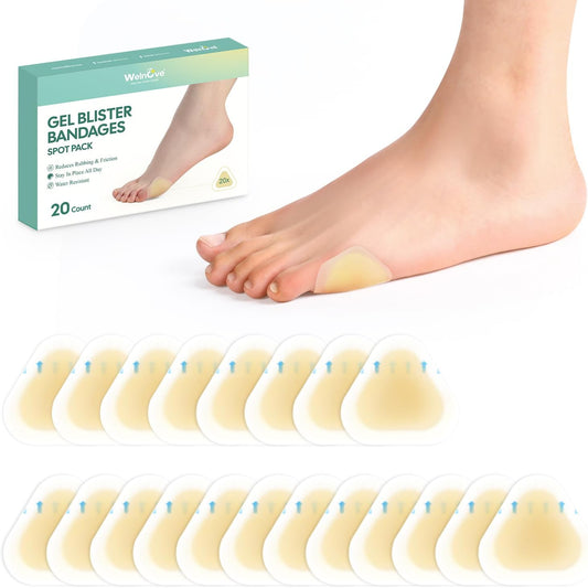 Gel Blister Bandages Blister Pads - Welnove 20ct Blister Cushions - Waterproof Hydrocolloid Bandages for Feet, Fingers, Toes, Heel, Moleskin for Blister Prevention (Spot Pack)