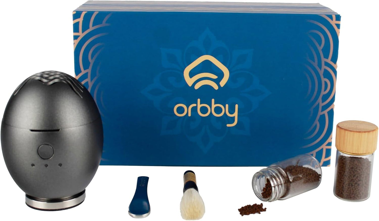 Orbby Scent Diffuser Starter Kit | Mini Portable Desk Diffuser for Office: Electric Incense Burner, Rechargeable Cordless Pet Safe Air Freshener for Home, Flameless (Gray, Inculdes Pellets)