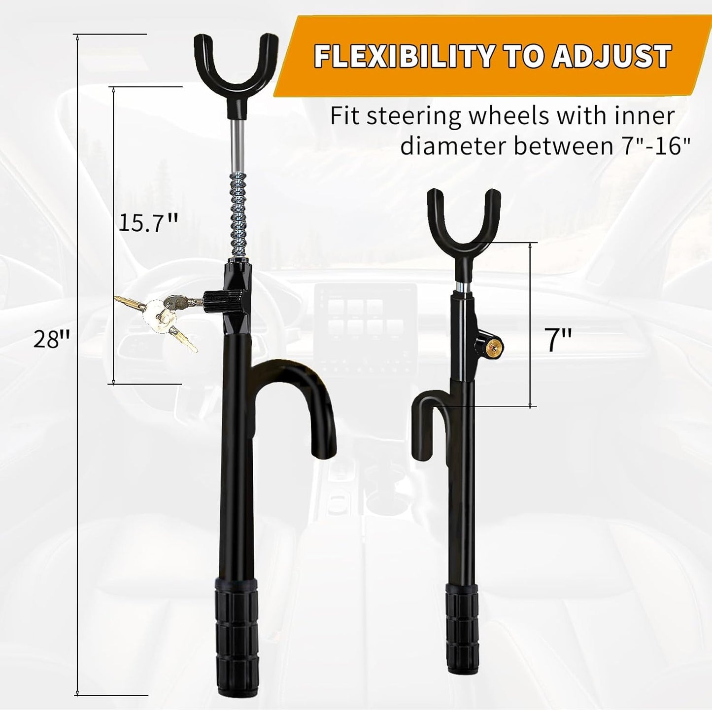 Steering Wheel Lock,Heavy Duty Anti-Theft Car Device,Adjustable Length Locking with 3 Keys Universal Fit for Cars Trucks Vans and SUVs (Black)