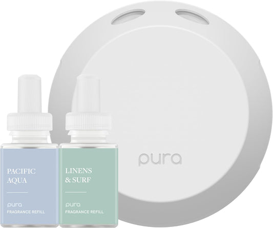 Pura - Smart Home Fragrance Device Starter Set - Pura 4 - Scent Diffuser for Home - Includes Fragrance Aroma Diffuser - Square Box, Pacific Aqua and Linens & Surf Scent Refills
