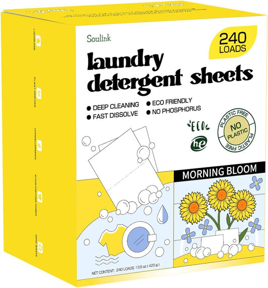 Soulink Laundry Detergent Sheets, 240 Loads - Eco-Friendly, Plant-Based, Hypoallergenic, No Plastic Jug (Morning Bloom Scent)