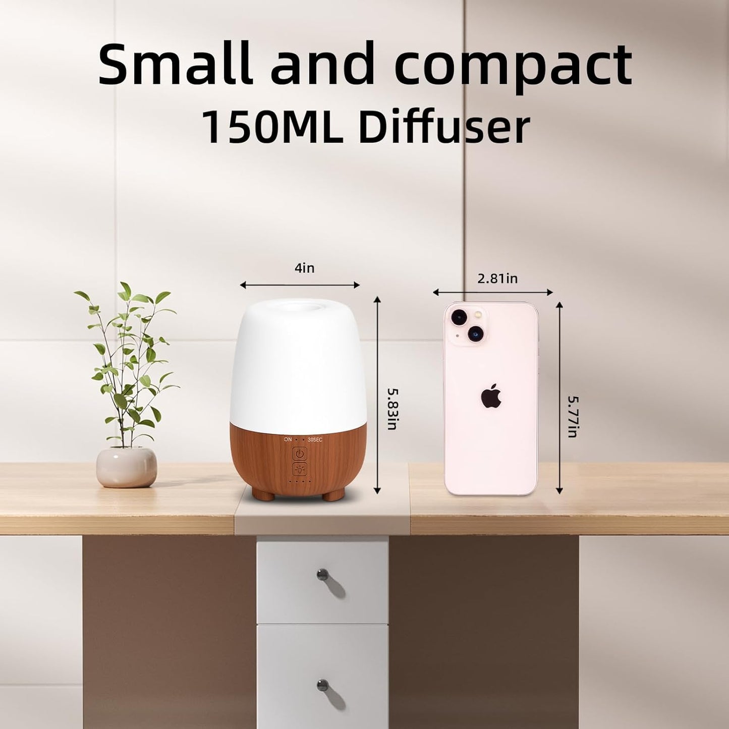 Rechargeable Battery Essential Oil Diffuser 150ML, Portable Cordless Aromatherapy Diffuser, 7-Color LED Light, 7 Hours Run Time, Quiet Design, Safe Auto Shut-Off, for Office, Home, Outdoor