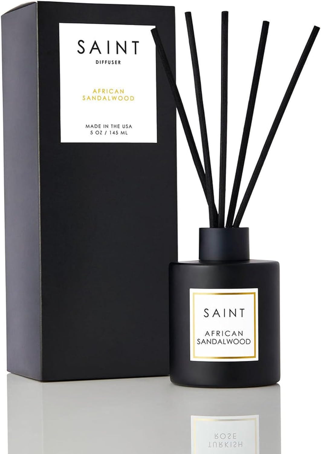 SAINT Reed Diffuser, Aromatherapy Diffuser Set with Scent Diffuser Sticks, Long-Lasting Oil Diffuser in Matte Black Glass Jar, Aroma Diffuser for Home, Bedroom, or Bathroom, 5oz, African Sandalwood